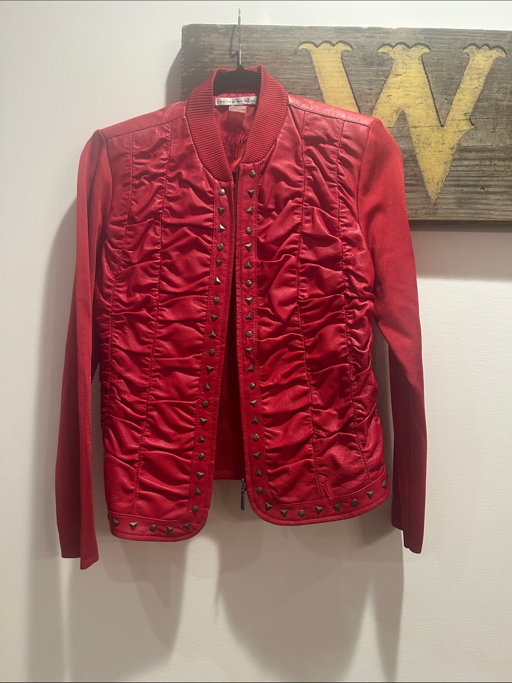 100 % Leather Peter Nygard Red Stud-Trim Bomber Jacket